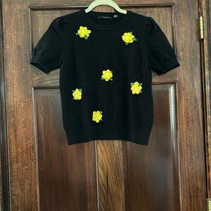 T Tahari Black Sweater with Yellow Floral Accents